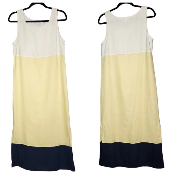 100% Linen Maxi Dress Modern Element Cream Yellow Blue Colorblock Small Petite. - Picture 6 of 16